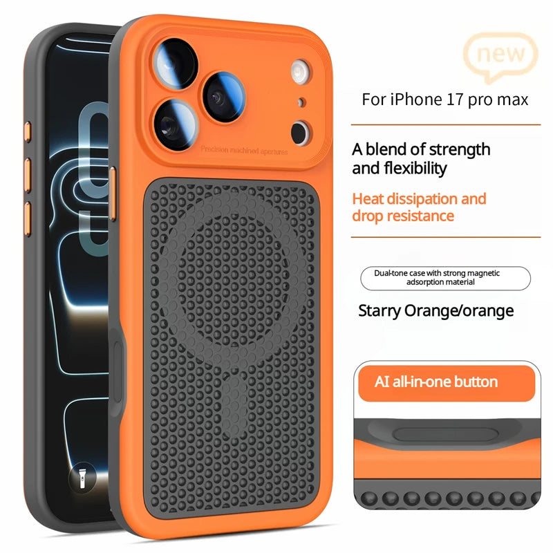 Heat Dissipation Mesh Magnetic Case for iPhone 17 15 14 13 12 16 Pro Max Plus For Magsafe Lens Protector Shockproof Bumper Cover