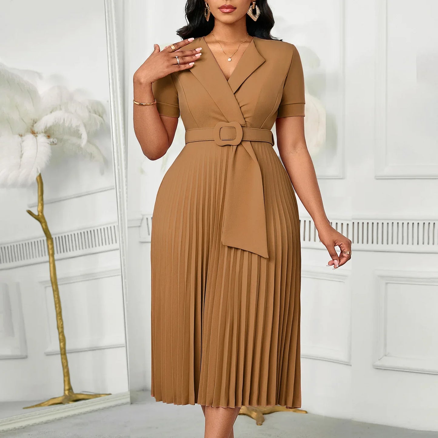 Sexy Short Sleeve V-Neck Elegant African Pleated Dress High Waist Midi Dress Fashionable Atmosphere Casual Elegant Style