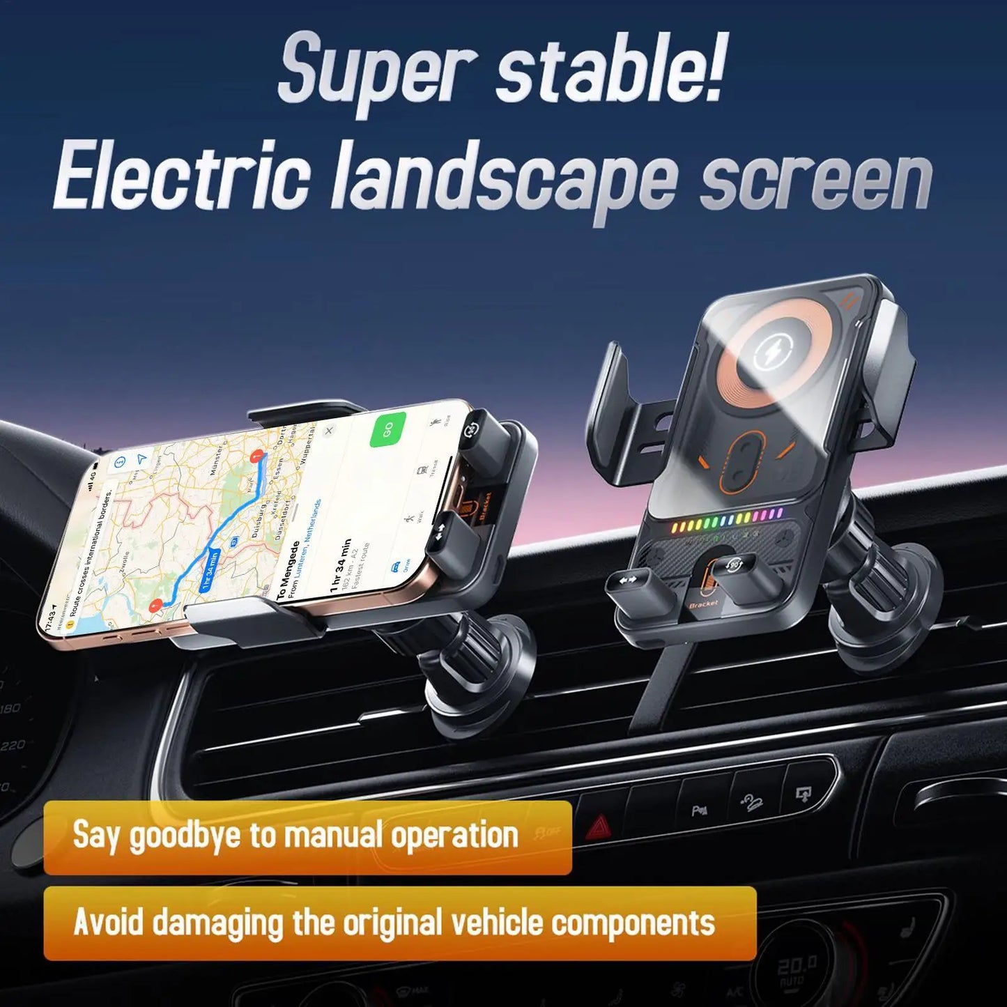 General Car Air Vent Electric Rotating Opening Closing Phone Holder 15W Wireless Charger Dualed Coil Smart Phones Fast Charging
