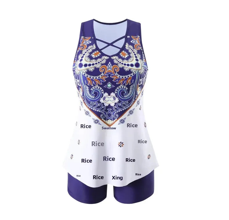 New Large Size Quick Dry Women's Shorts Strap Conservative Separate Bikini Swimsuit Flat Angle Vest Two Piece Swimwear Set