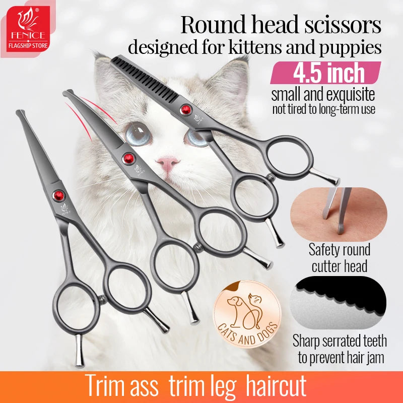Fenice 4.5 Safety Round Tip Pet Dog Cat Grooming Cutting Scissors Dogs Hair Cutting Shear for Eyes/Face/Foot/Nose