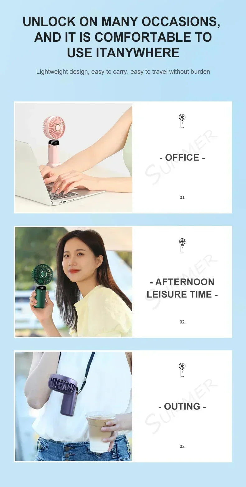 Folding Fan Mini Portable Hand-Held Fan Rechargeable Multifunctional Fan With Display Screen Neck Hanging Fans