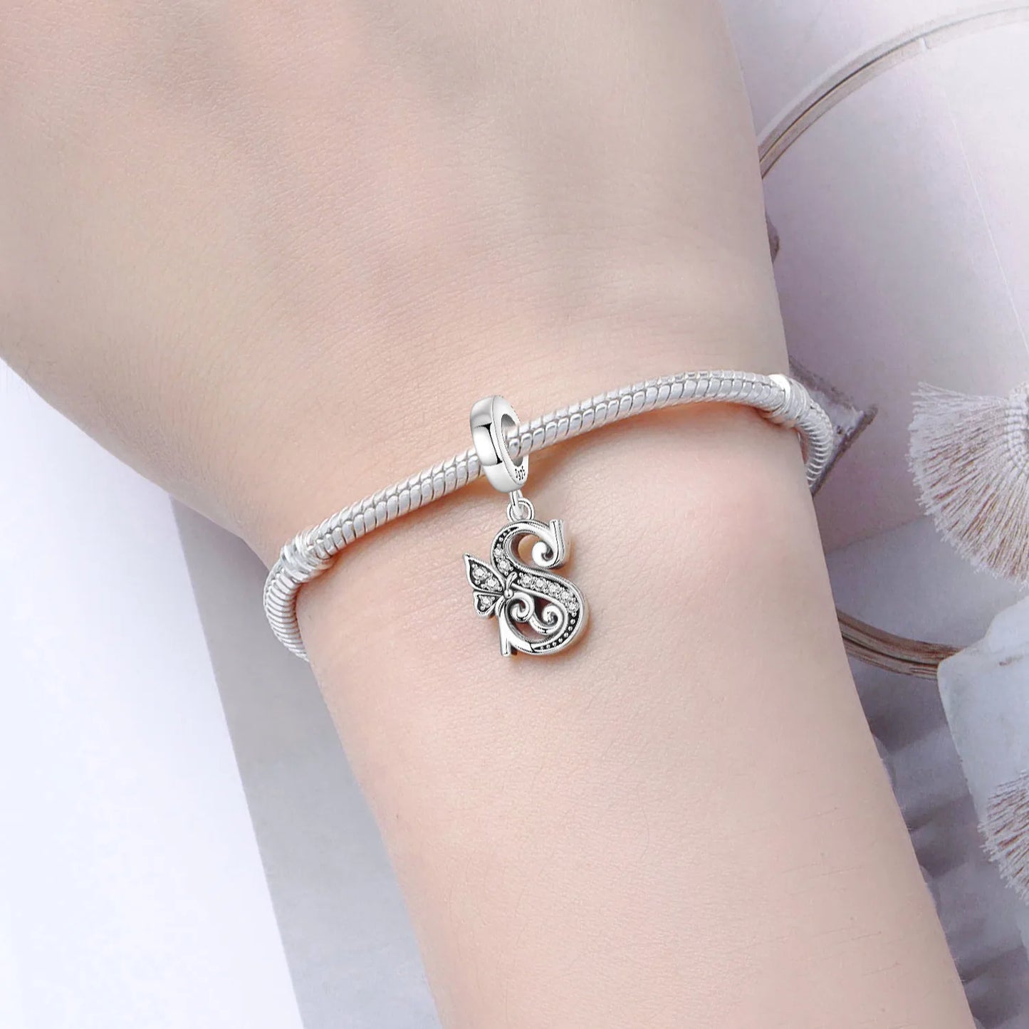 2026 New 925 Sterling Silver Zircon Scroll Grass Pattern 26 Letter Bead Charms for Women Fit DIY Bracelet Necklace Jewelry Gift
