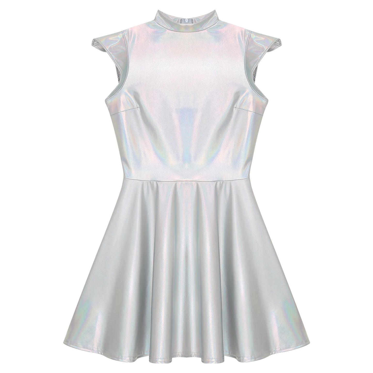Womens Cocktail Dress Shiny Metallic Dress Alien Space Cap Sleeve High Waist A-line Dress for Halloween Party High Street Dress