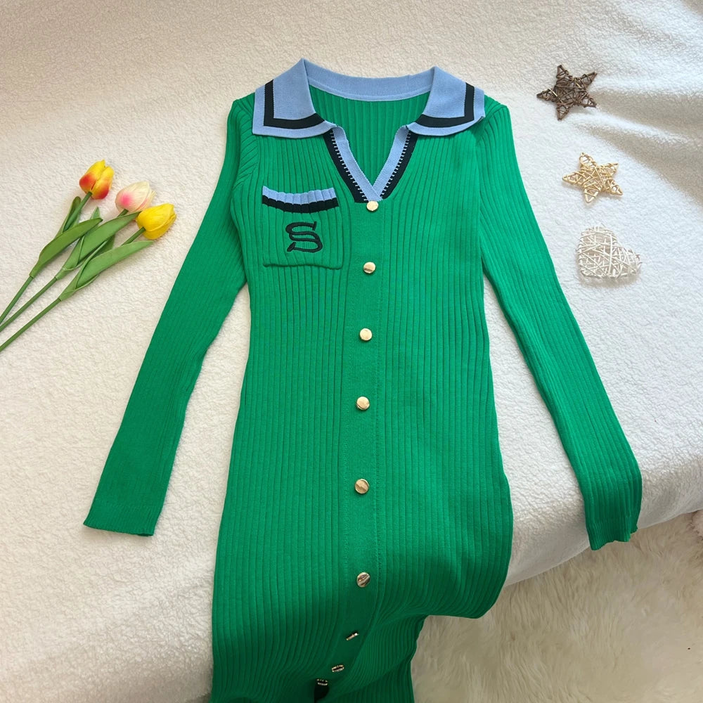 YuooMuoo Women Dress 2025 Autumn Winter Fashion Y2K Embroidery Slim Elastic Long Sweater Dress Elegant Lady Office Dress Vestido