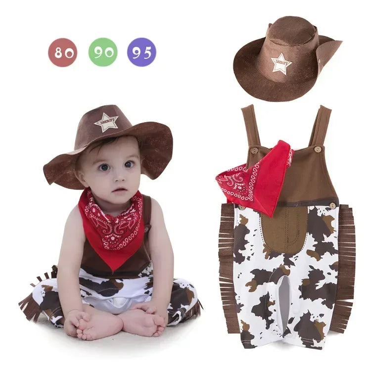 3pcs Fashion Baby Cowboy Romper Costume Infant Toddler Boy Girl Clothing Set Hat +Scarf +Romper Birthday Outfits