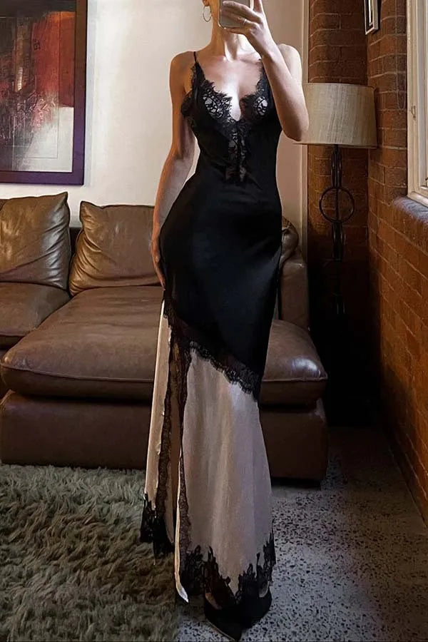 Chic Contrast Lace Embroidery Sling Dress Woman Sexy V Neck Hollow Slit Long Dress Summer New Sleeveless Irregular Evening Dress
