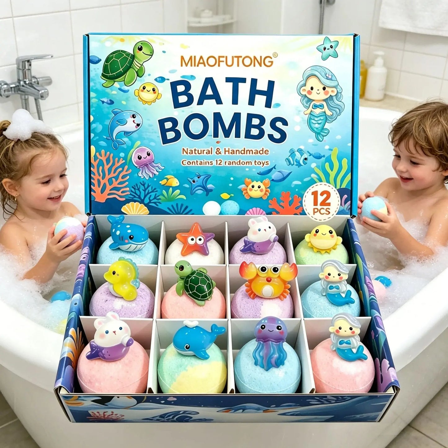 Bath Bombs Gift Set, Ocean Toy Bath Salt Ball Sleeve Box Bath Bombs, Bath Bombs with Surprise Inside, Bubble Bath 60g*12