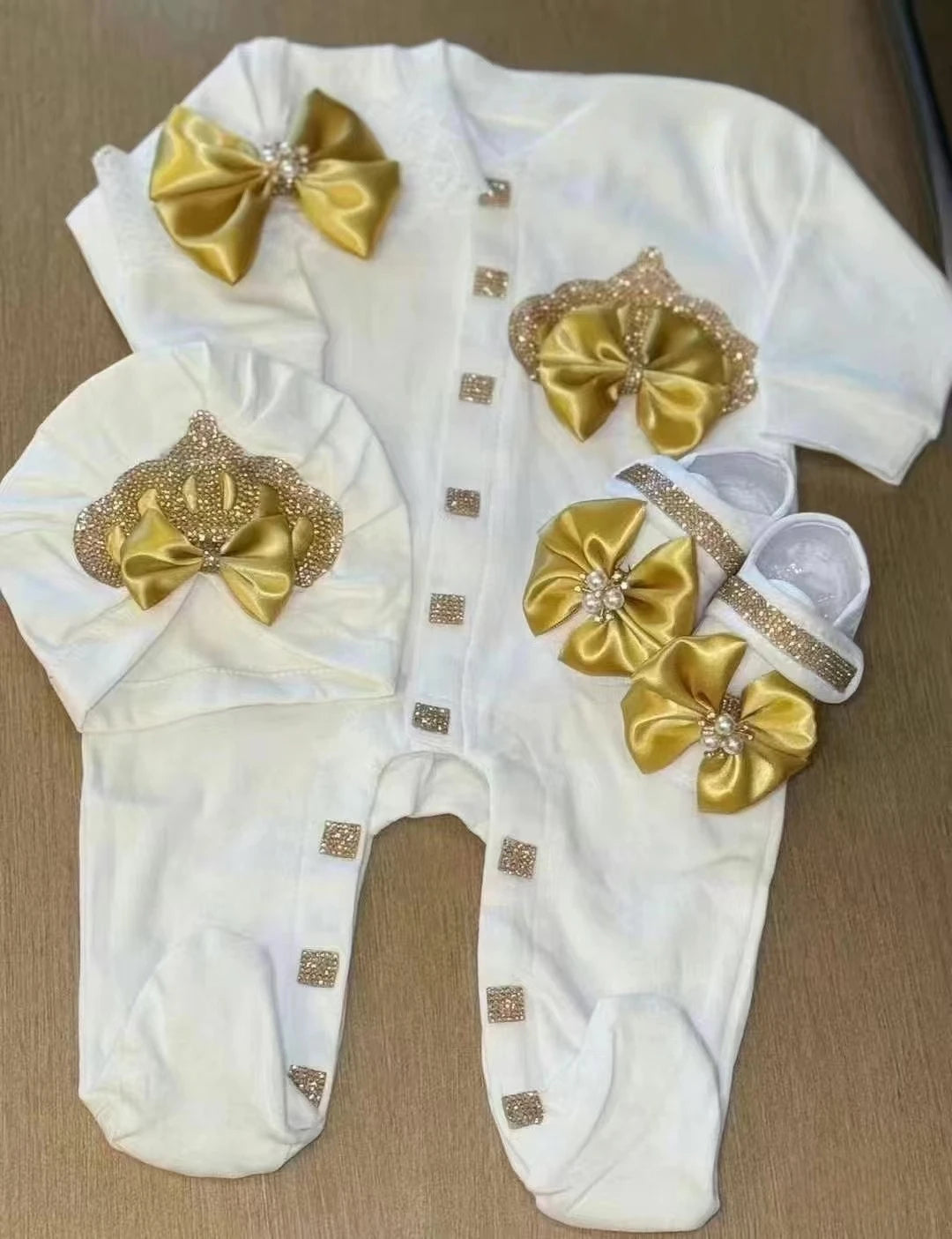 Dollbling Baptism Outfit Boy Prince Luxury Bling Christening Coming Home Romper Bonnet Set Mittens Nursery Hospital Clothing set