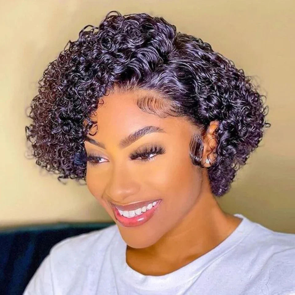 12A Side Part Pixie Cut Water Curly Wig Malaysia Hair Short Bob Hair Wig Virgin Hair 13x4 Lace Frontal Hair Wig Natural Color