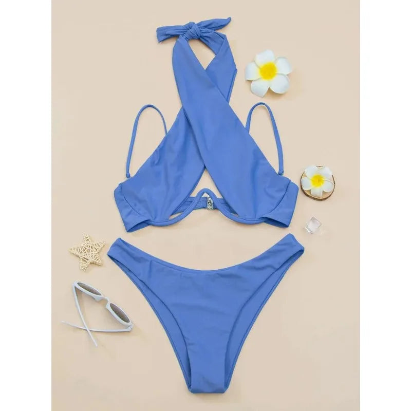 Sexy Bikini Women Cross Halter Underwire Swimsuit Split Push Up Bikini Set Female Bathers Swimming Summer Beachwear Bathing Suit