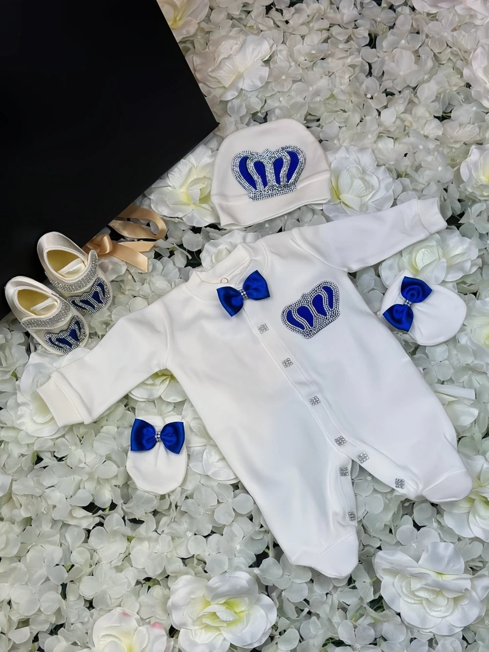 Dollbling Baptism Outfit Boy Prince Luxury Bling Christening Coming Home Romper Bonnet Set Mittens Nursery Hospital Clothing set