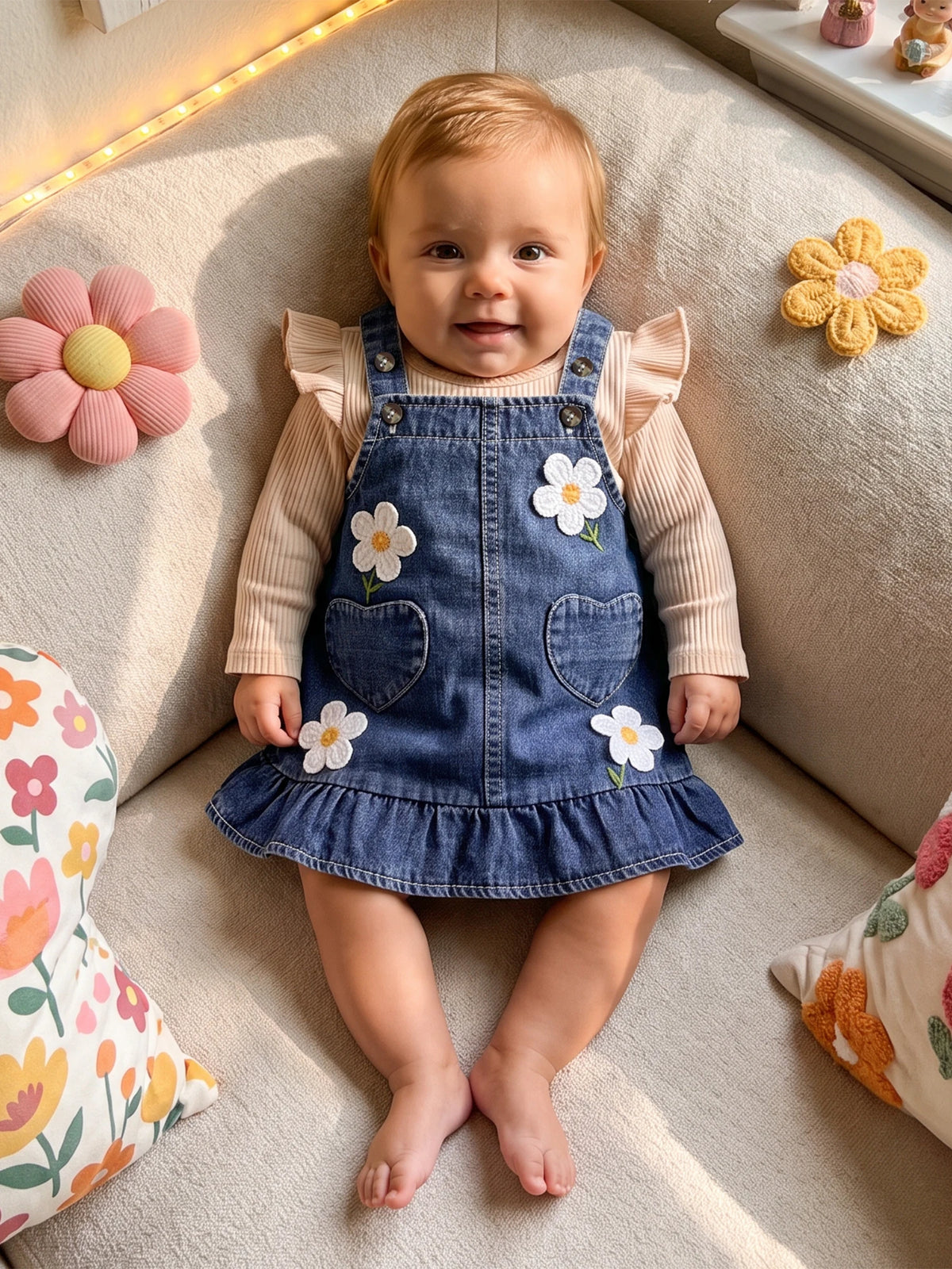 Baby Girl Fall Winter Outfit Fly Long Sleeve T Shirt Sleeveless 3D Flower Denim Dress 2Pcs Set