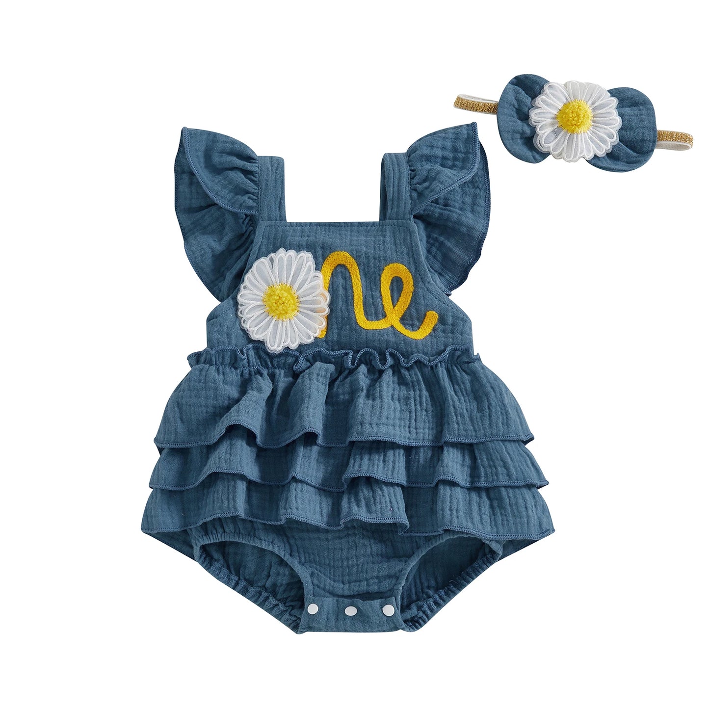 Newborn Baby Girls 1st Birthday Romper Dress Summer Cute Daisy Letter Embroidery Fly Sleeves Ruffles Jumpsuit and Headband Set