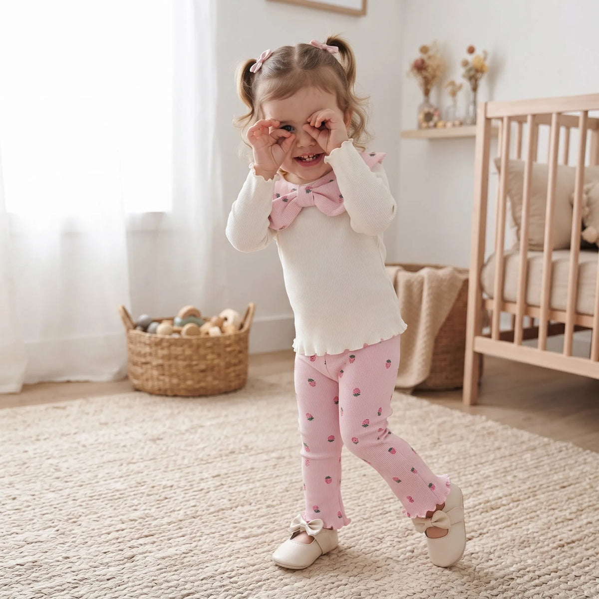 Baby Girls Strawberry Print Bow Collar Set, Infant Ribbed Long Sleeve Top & Strawberry Ruffle Leggings 2Pcs Outfit