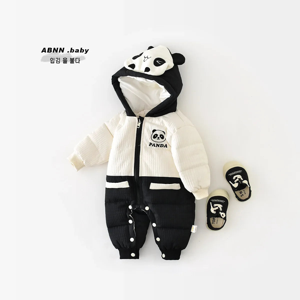 2024 Winter Baby Long Sleeve Warm Hooded Romper Cute Panda Print Newborn Plus Velvet Thick Jumpsuit Infant Girl Boy Warm Clothes