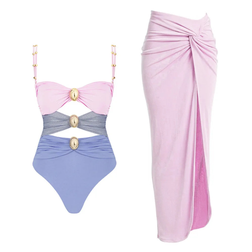2024 Sexy Sling Ruffle Solid Two Pieces Bikini Women High Waist 3D Flower Swimsuit Skirt Summer Backless Beachwear Bathing Suit