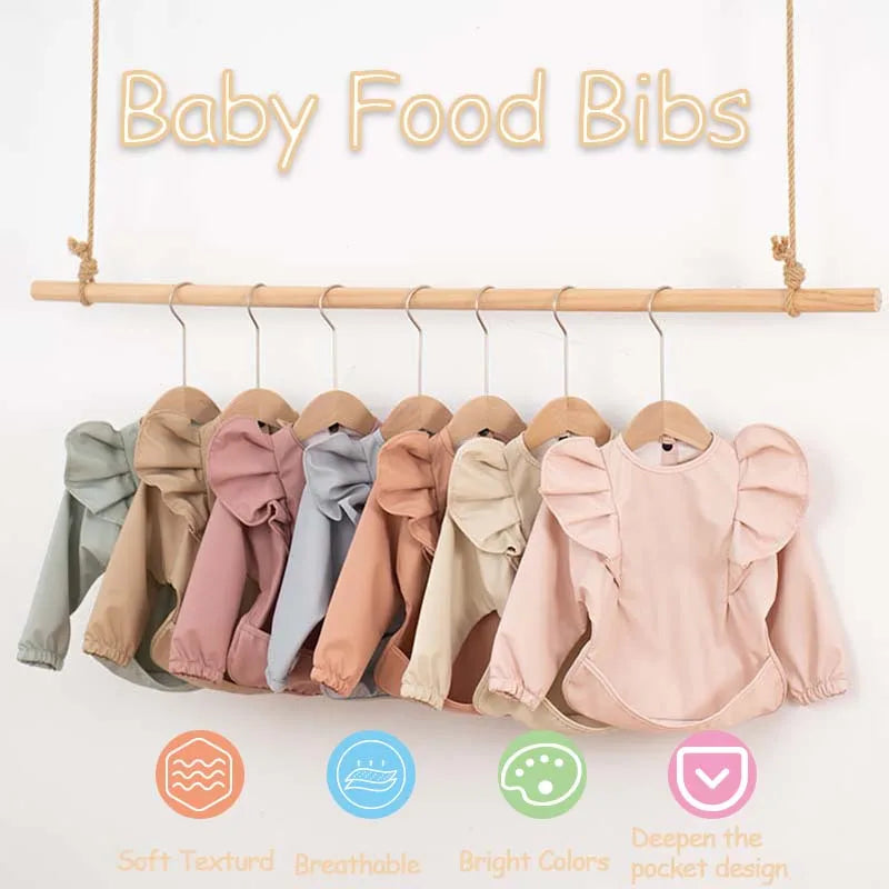 Solid Color Children's Feeding Bib Aprons Waterproof Baby Long-Sleeve Painting Smock with Pocket Easy Clean Bibs for Toddlers