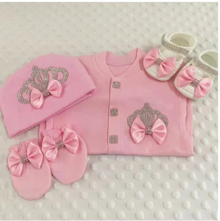 Dollbling Butterfly Jewelry Crown Gift Clothing Sets Welcome Home Lace Baby Rompers Mittens Bonnet Pajamas Outfit 4pcs Layette