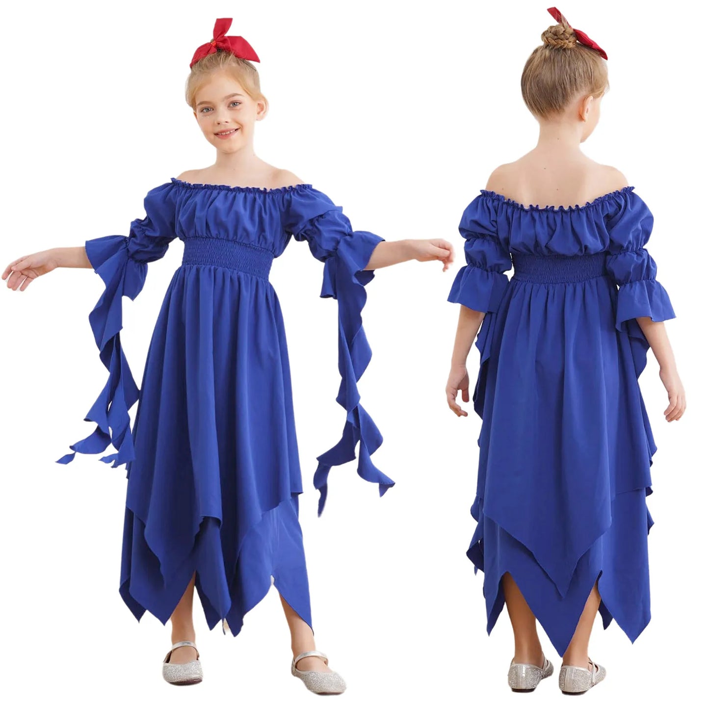 Girls Halloween Medieval Renaissance Witch Vampire Cosplay Costume Victorian Gothic Dress Off Shoulder Smocked Irregular Gown