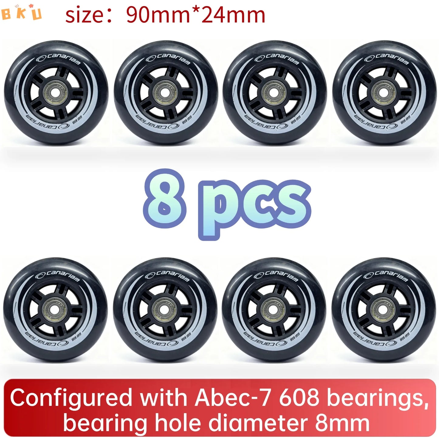 8pcs Universal 90mm PU Wheels for Inline Skates Luggage Stroller with ABEC-7 608 Bearings 12 Color Variants 8mm Inner Hole