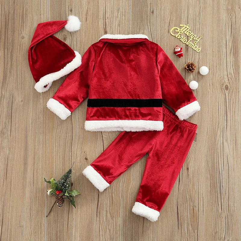 Baby Christmas Clothes Boys Girls Santa Jacket Velvet Outwear Coat Long Pants with Hat Baby Santa Costume