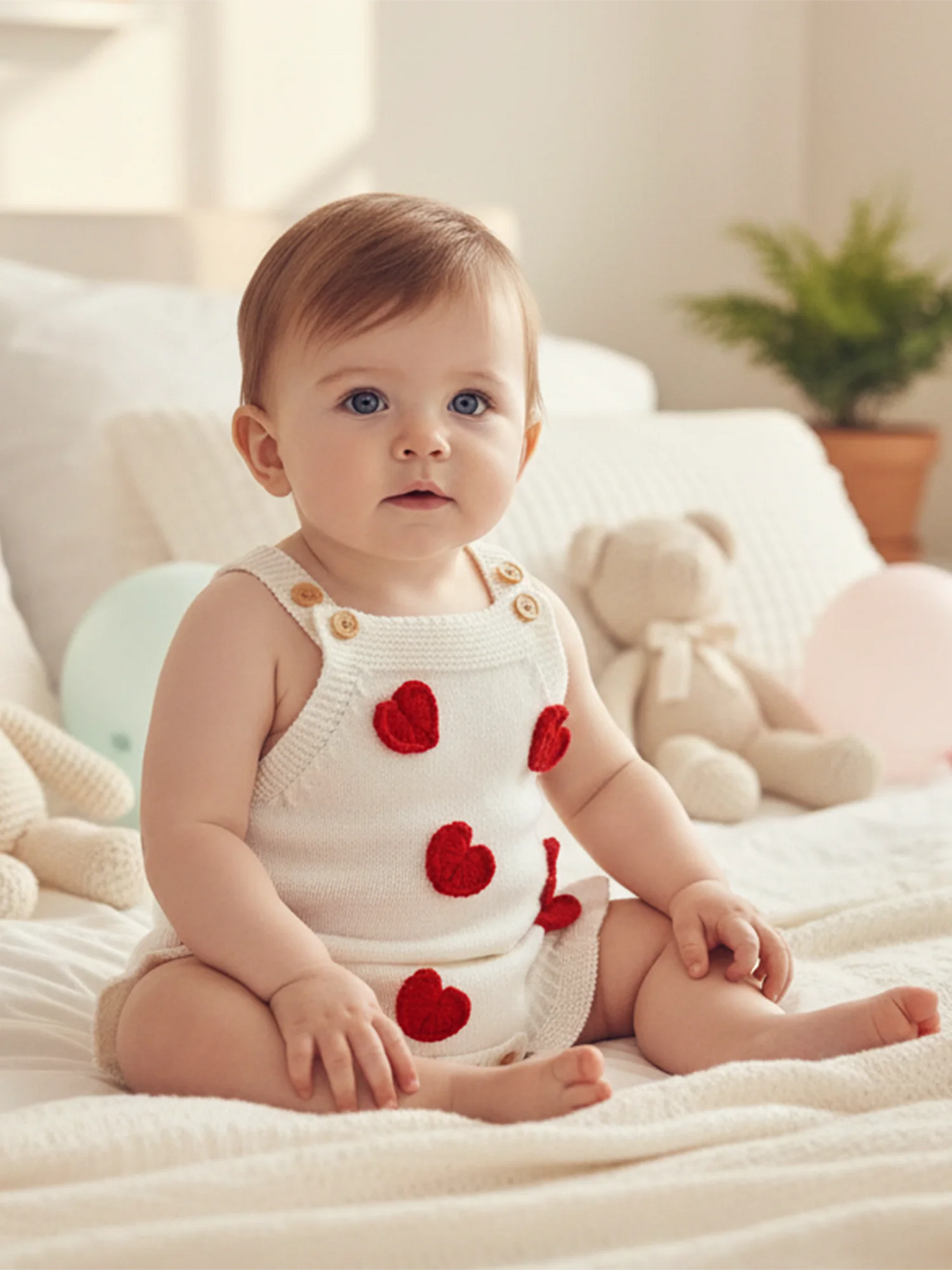 Baby Girl Valentine’s Day Romper Sleeveless Square Neck Heart Bodysuit Newborn Knit Overalls