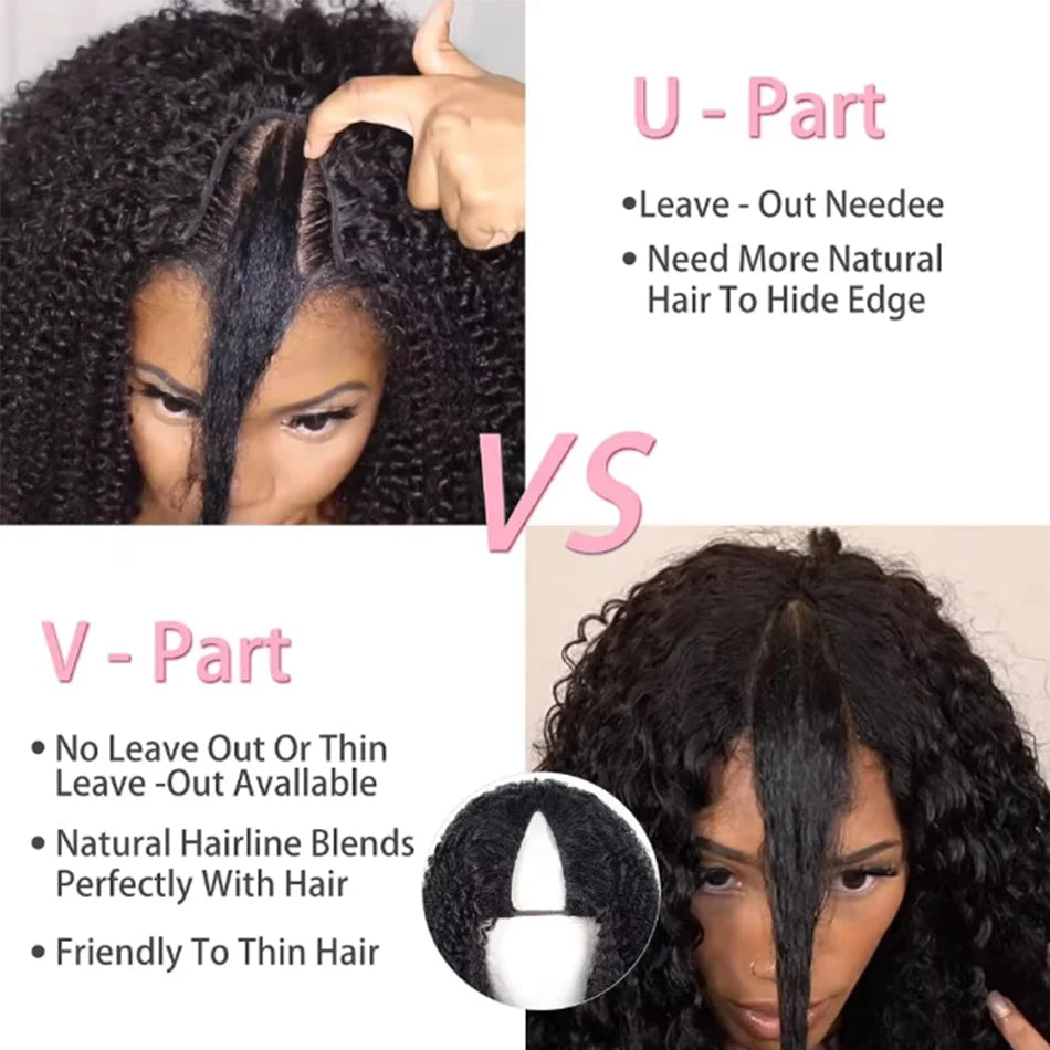 Kinky Straight V Part Wig Human Hair For Women with Drawstring 250% Density Upgrade Glueless U Part Wig No Leave Out No Sew In