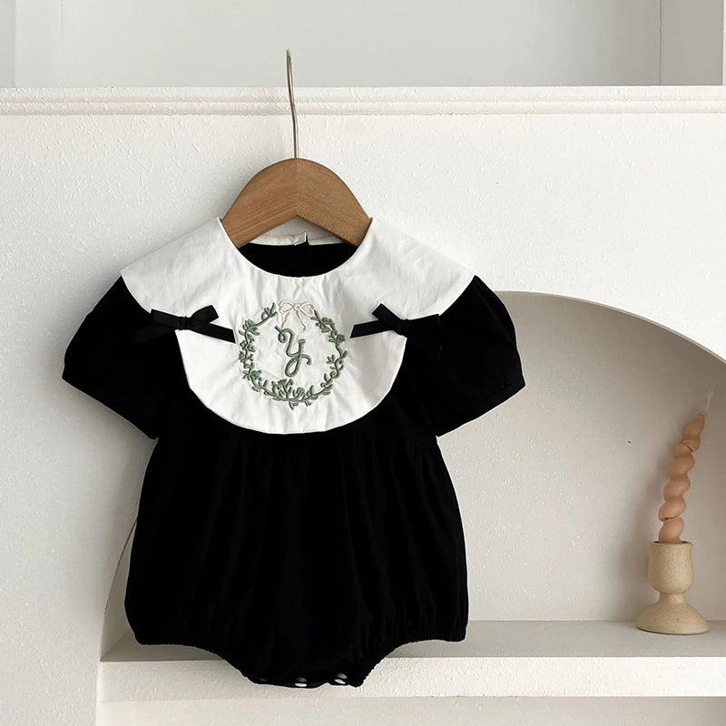 New Baby Girls Clothing Summer Infant Baby Girls Jumpsuit Retro Short Sleeve Cotton Embroidery Bow Newborn Baby Girls Bodysuits