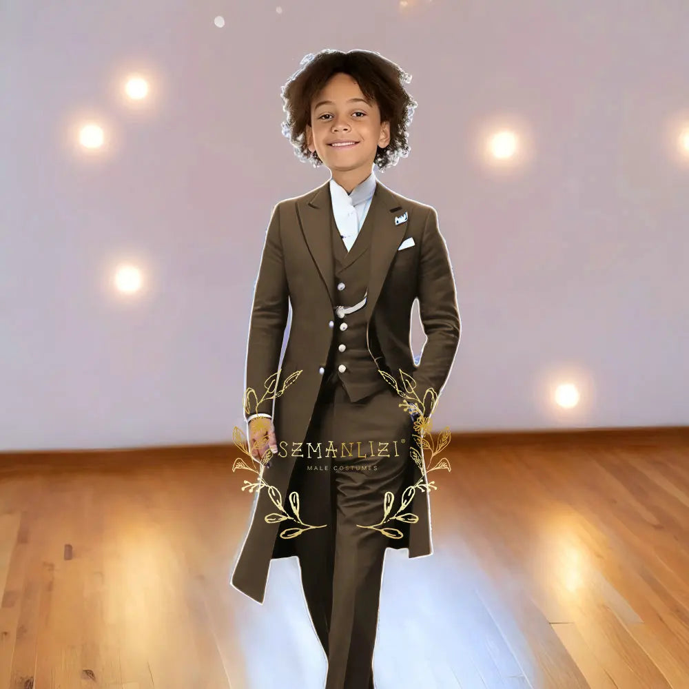Children Formal Tuxedos Boys Suit Light Grey Long Jacket Vest Pants Sets for Piano Performance Birthday Party Costume Tailored