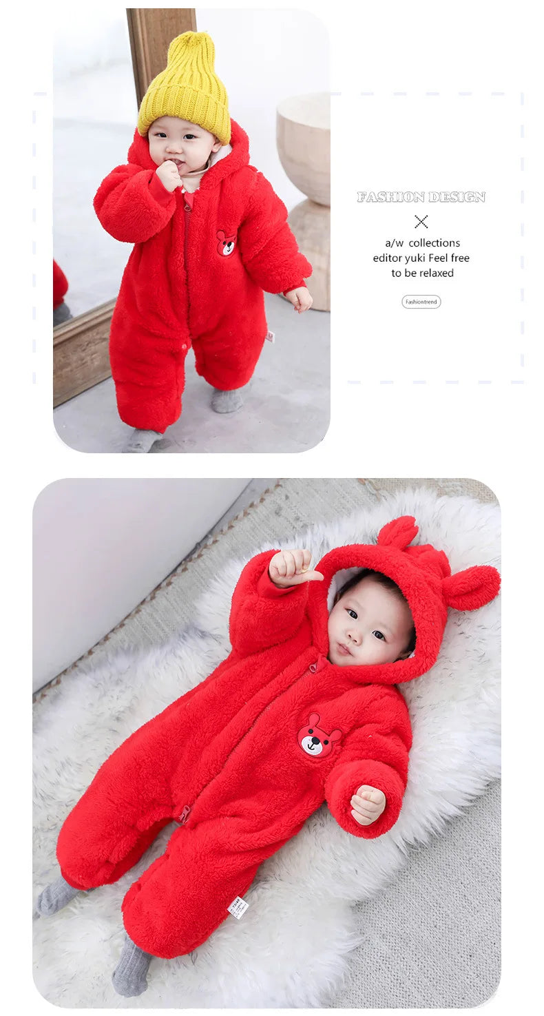 Baby Boy Clothes Cute Plush Bear Baby Rompers Autumn Winter Keep Warm Hooded Infant Girls Overall Jumpsuit Newborn Romper 0-18M