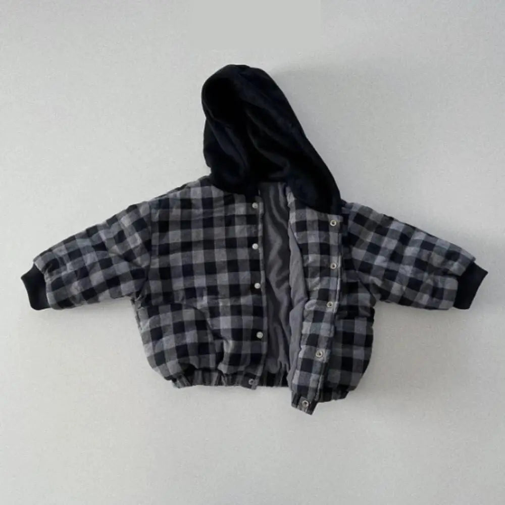 2025 Winter New Baby Warm Plaid Coat Kids Boys Girls Hooded Cotton Padded Jacket Kids Vintage Windproof Tops Children Clothes