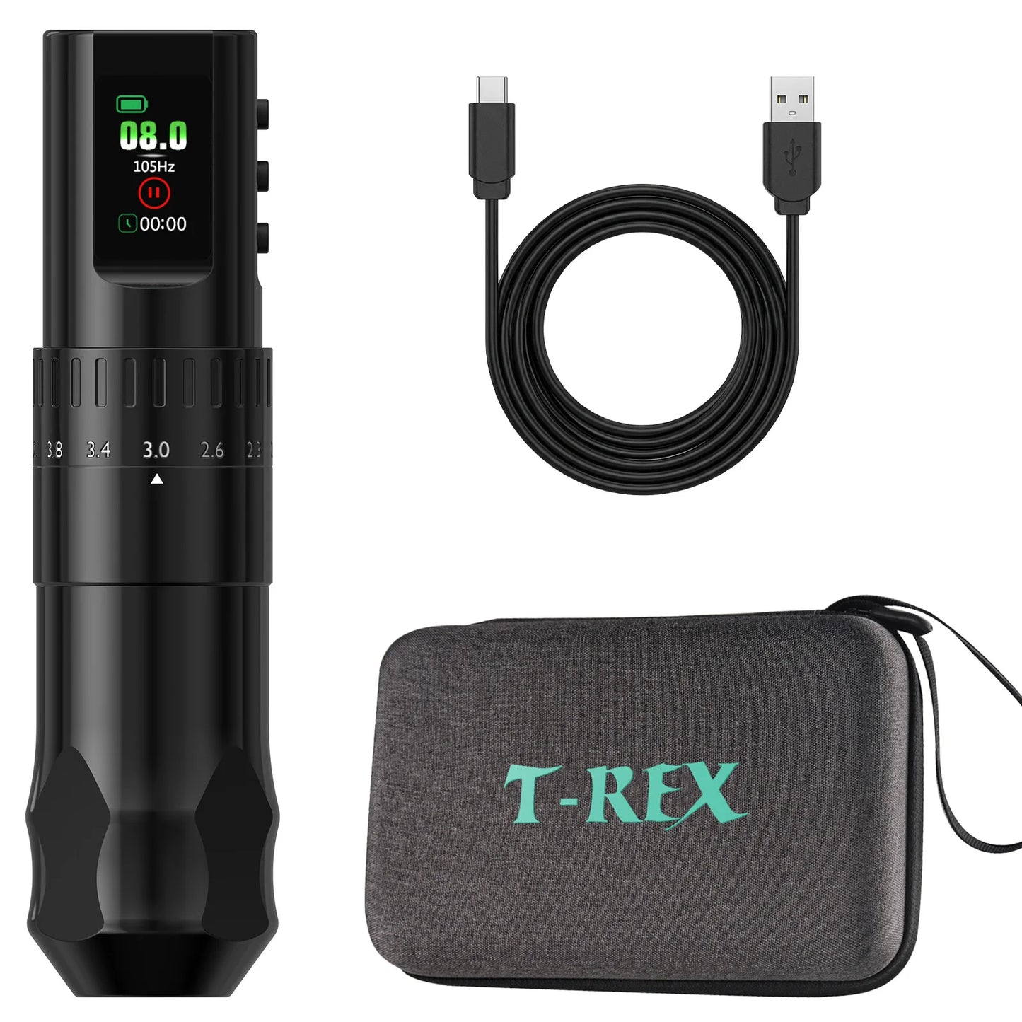 T-Rex D4 Wireless Tattoo Pen Complete Kit 2.0-4.2mm Adjustable Stroke Dot Work Mode 1600mAh Battery Full Tattoo Supplies Set