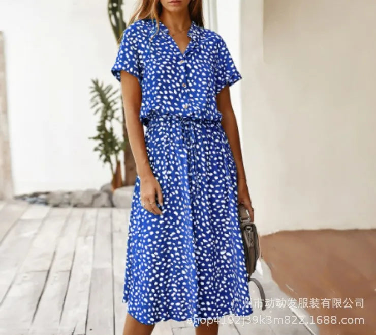 New Fashion Women's Polka Dot Print Short Sleeve Midi Dress Cotton Summer New Arrival Knee-Length Stand Collar Regular Waist