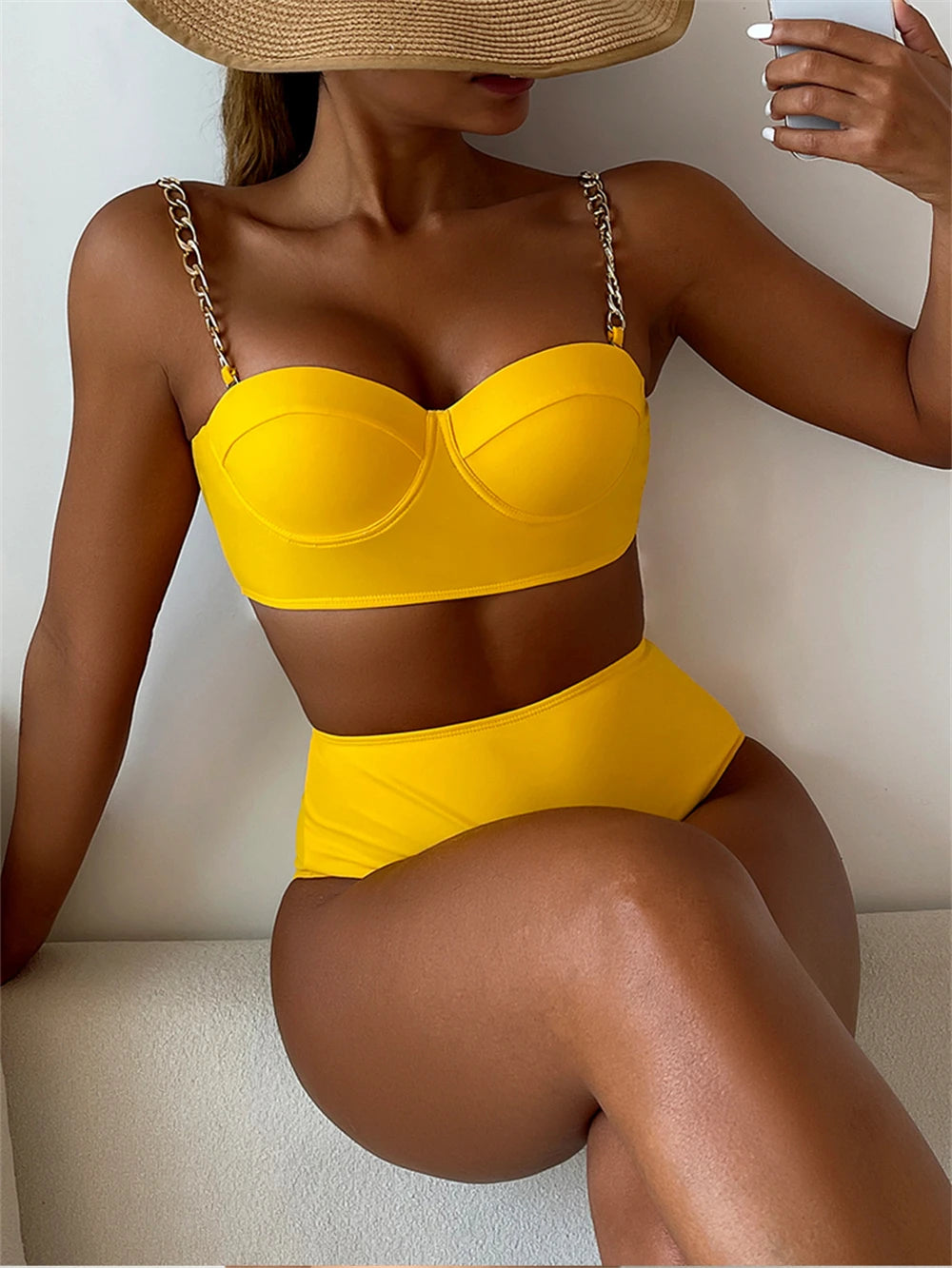 Chain Strap Bikinis 2026 Women Solid Push Up Swimsuit High Waist Swimwear Female Sexy Bathing Suit Swimming Summer Beachwear