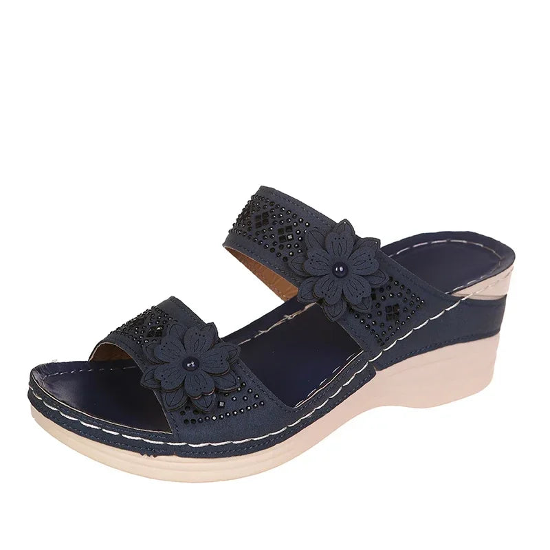 2024 Summer Women Slippers Plus Size Women's Shoes Retro Roman Sandals Women Pu Casual Flower Wedge Sandals Platform Slippers