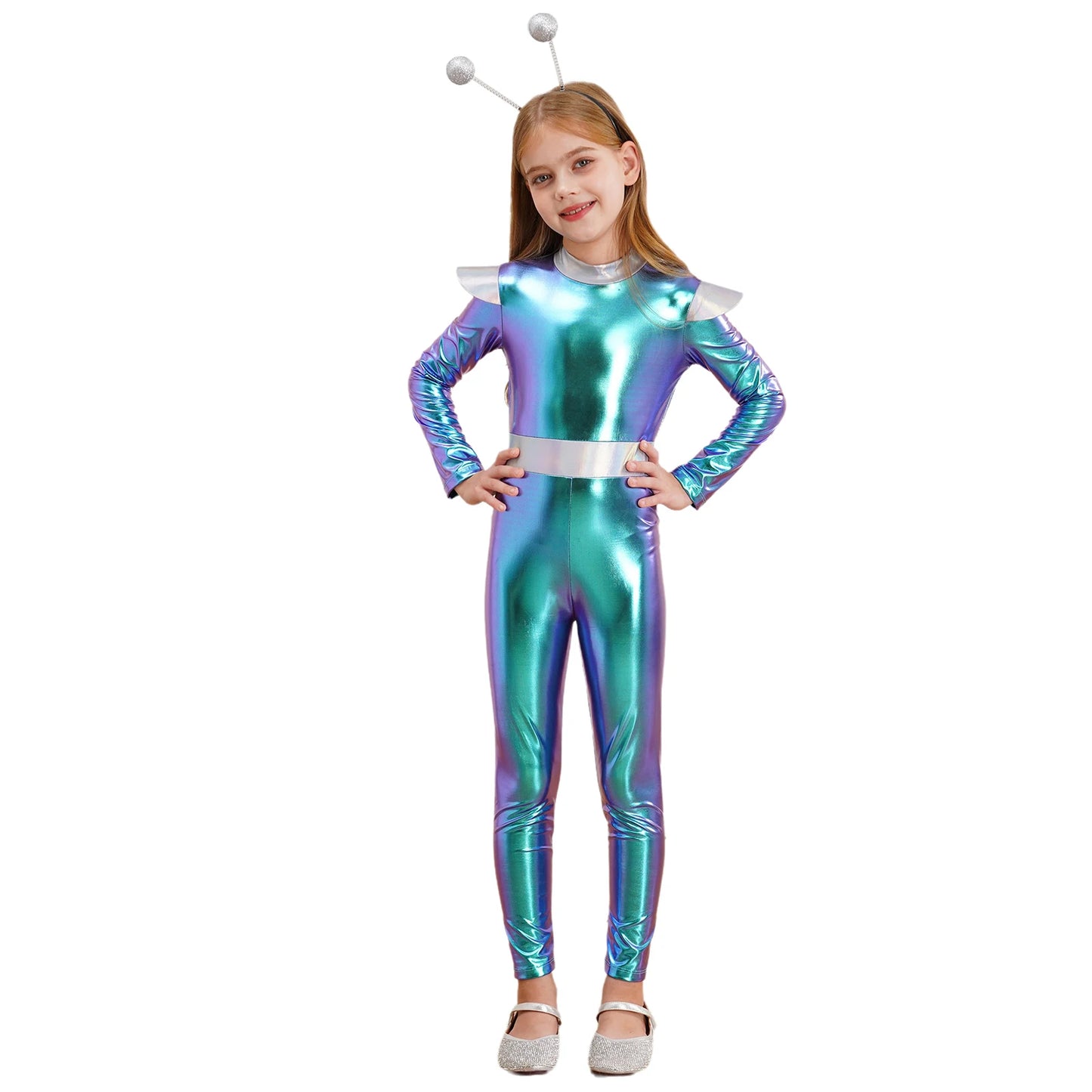 Kids Boys Girls Halloween Carnival Alien Cosplay Performance Costume Long Sleeve Metallic Shiny Space Jumpsuit with Hair Hoop