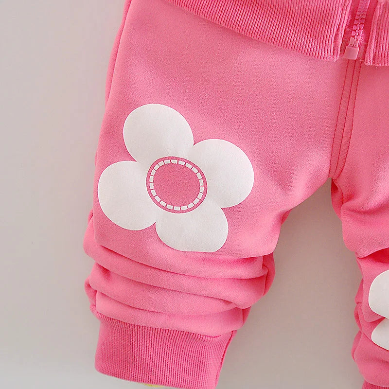 Kids Girls Fleece Lined 3D Daisy Flower Applique Hoodie Pant Suit Children Warm Winter Clothing Set 80-120