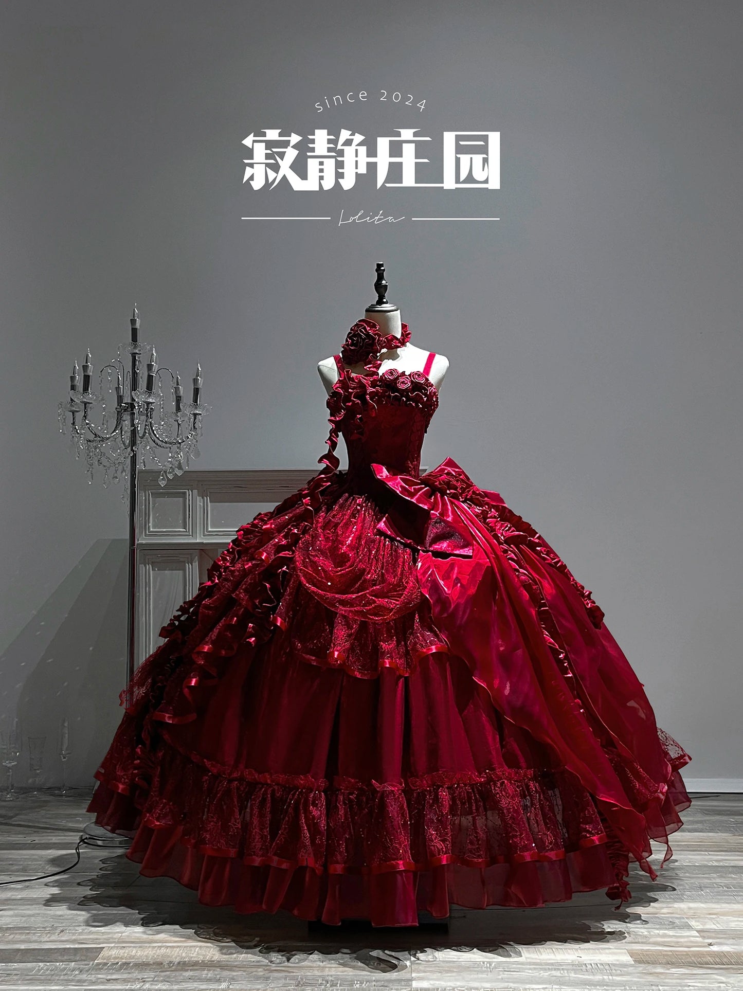 Original Burgundy Fish Bone Flower Wedding Dress Lolita Girl Women's Fairy Lace Bow Slim Maxi Long Party Birthday Dresses