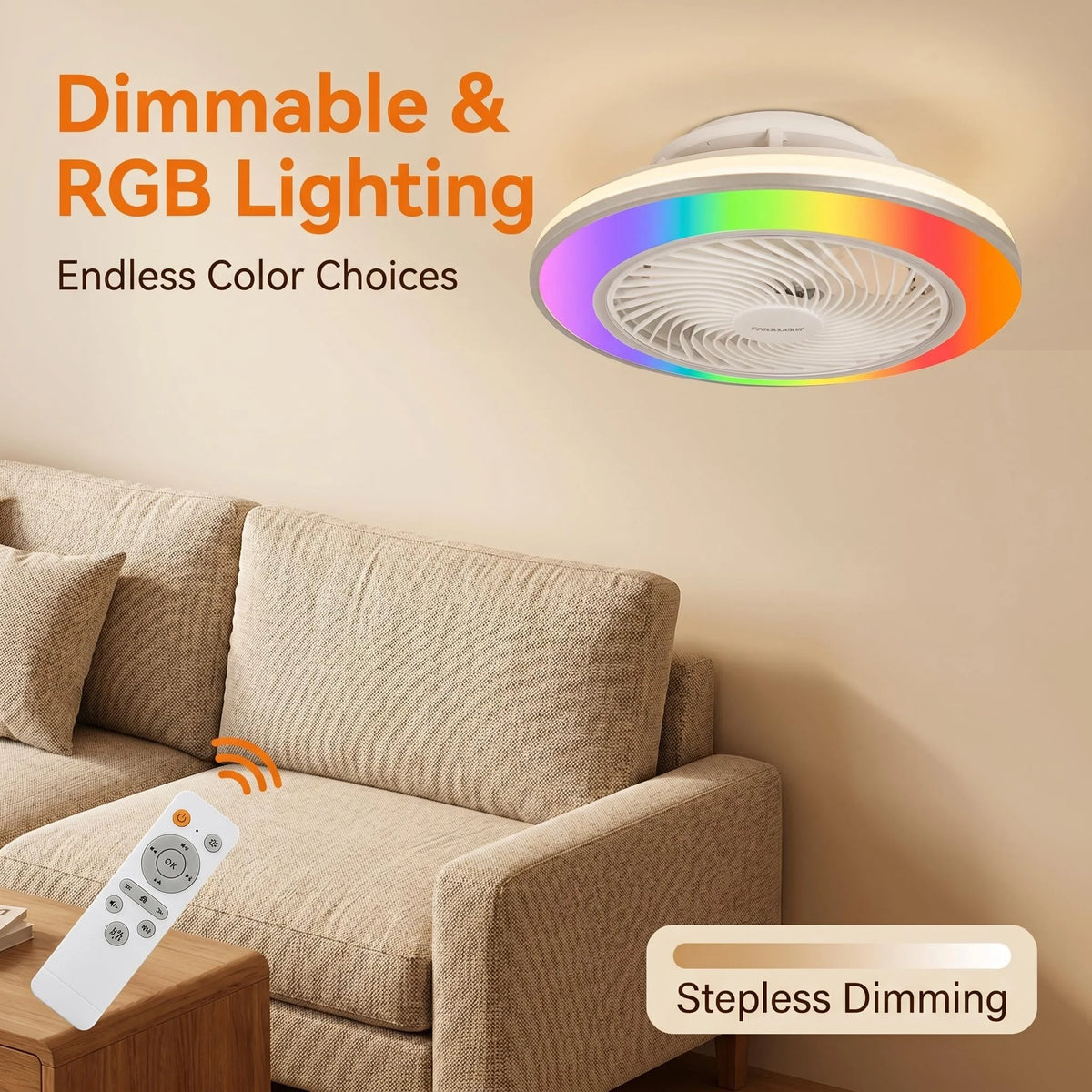Smart Remote Controlled Ceiling Fan RGB Light AC220V– Variable Frequency Motor with Stepless Speed & Color Temperature Adjustmen