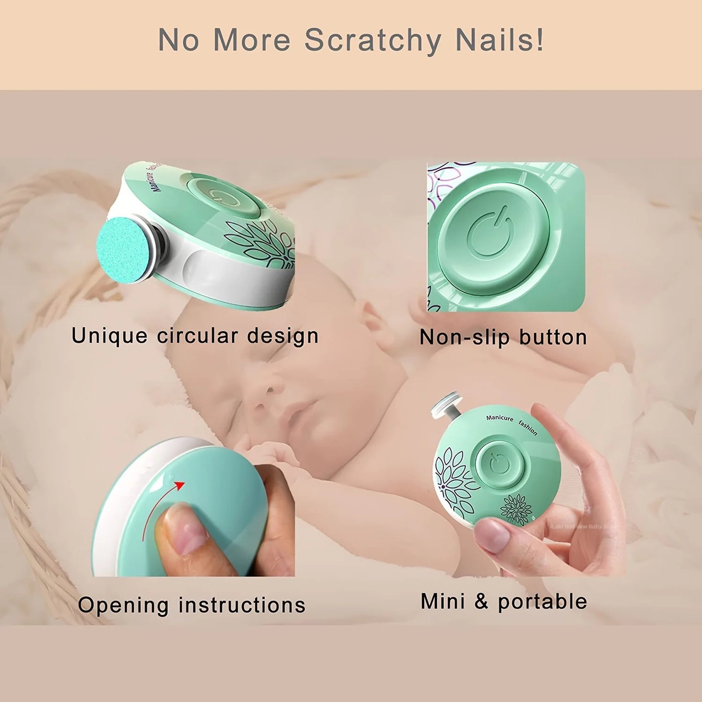 Baby Electric Nail Trimmer 6 Replaceable Heads Gentle Newborn Care Safe Quiet Nail File for Infant Toddler Soft Grinding