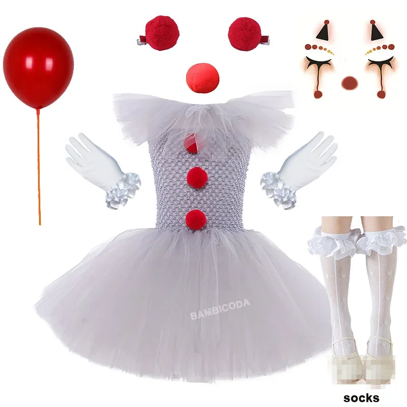 Halloween Pennywise Costume Creepy Clown Gray Tutu Dress Outfit Girls Fancy Carnival Party Tulle Dresses Joker Clothes