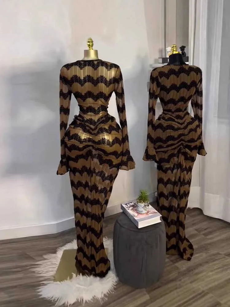 Long Sleeve Maxi Dress Chic for Women High Waist Evening Dress with Drape Sexy Brown Bandage Dress Wholesale Dropshipping