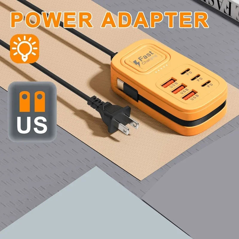 New USB Charger 6-in-1 Power Strip Desktop Charging Station With Fast Charging Cord EU US Plug USB/C HUB Adapter Socket 3PD 3USB