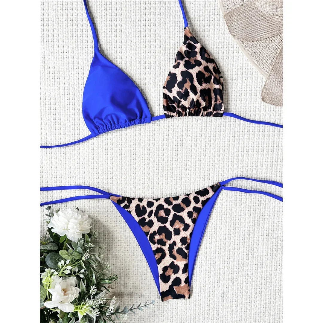 Halter Splicing Leopard Bikinis 2026 Satin Bikini Female Swimsuit Women Swimwear Two-pieces Bikini Set Micro Bathing Suit Swim