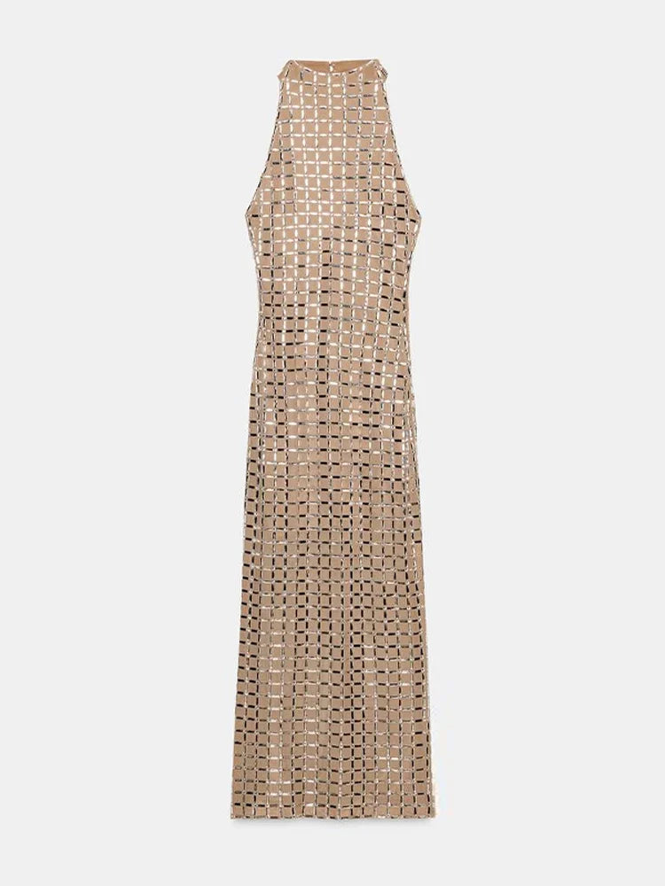 Sexy Lady Sequin Halter Maxi Dress Sleeveless O Neck Backless Party Long Robe 2026 Spring New Luxury Evening Dresses