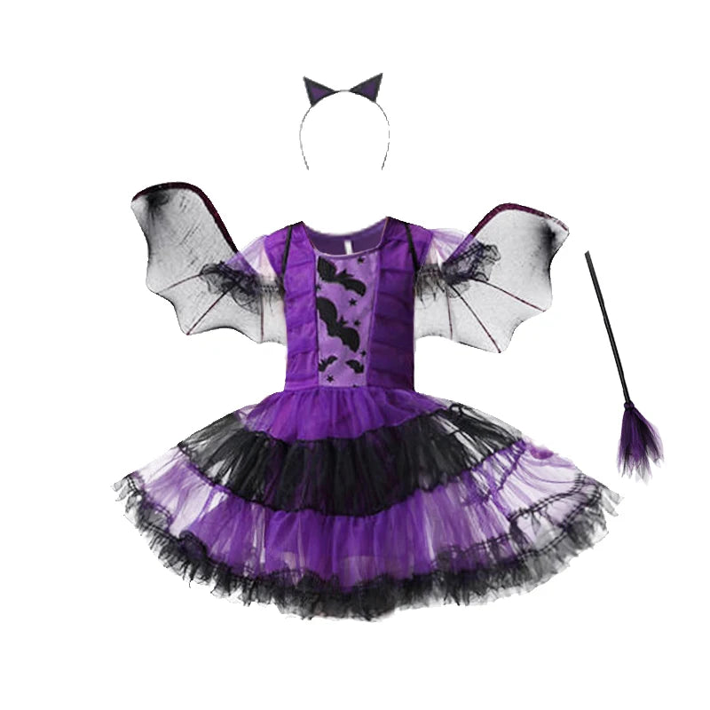 2-12T Halloween Costume for Kids Girls Purple Bat Dress Carnival Vampire Costume Witch Cosplay Clothes Carnival Party Gifts