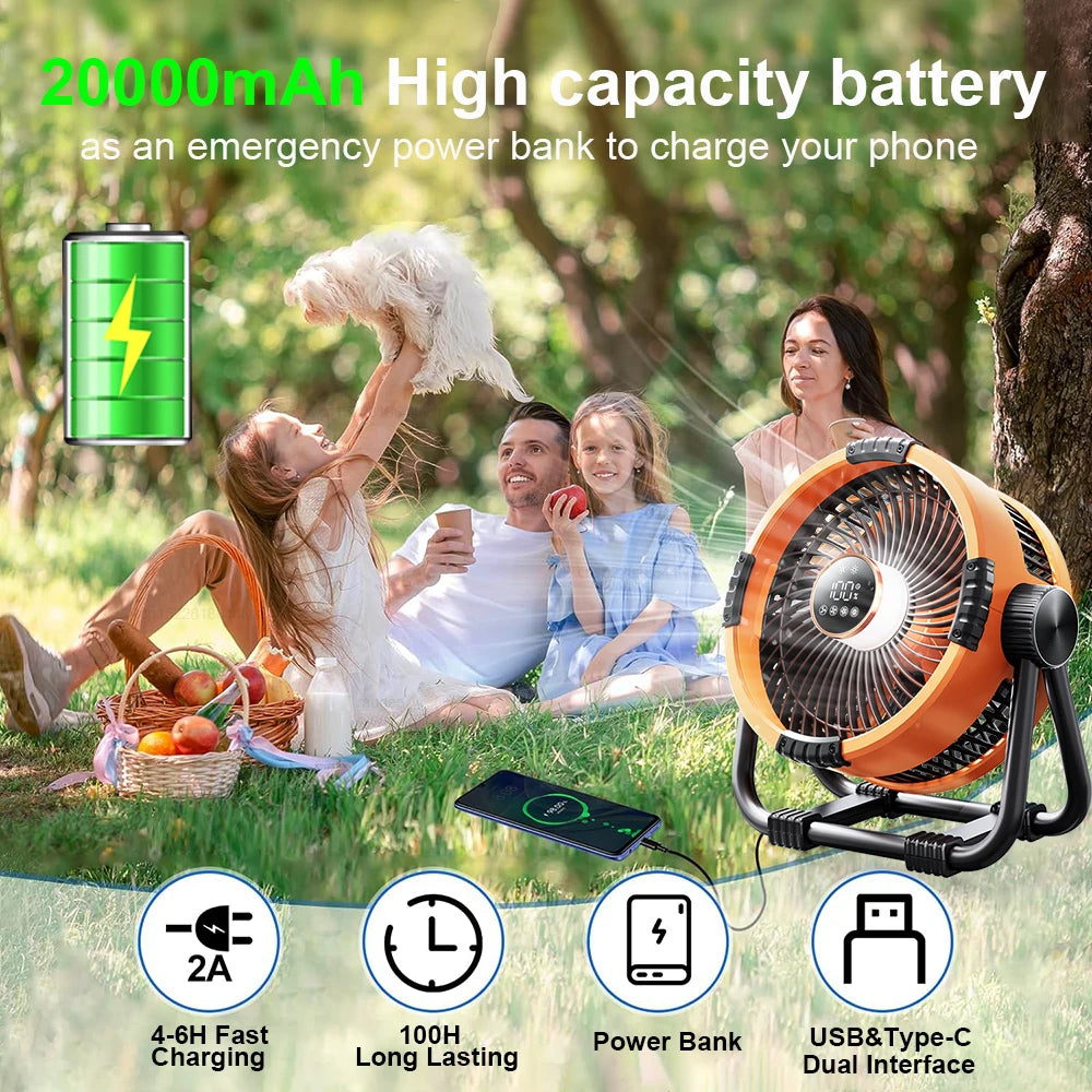 Camping Ceiling Fan 20000mAh Rechargeable USB Fan with Power Bank and LED Light Hook Air Circulators Wireless Ceiling Fan