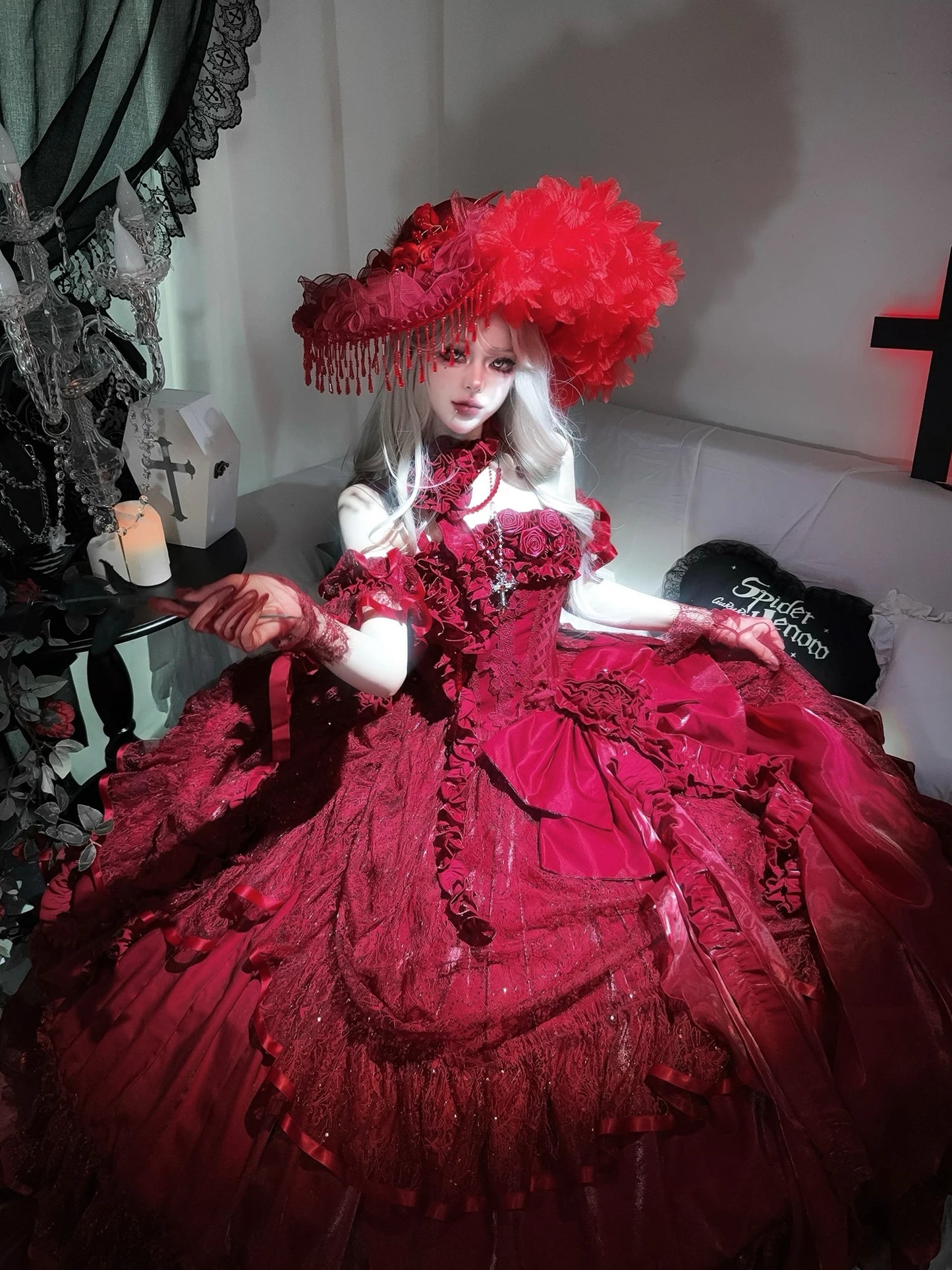 Original Burgundy Fish Bone Flower Wedding Dress Lolita Girl Women's Fairy Lace Bow Slim Maxi Long Party Birthday Dresses