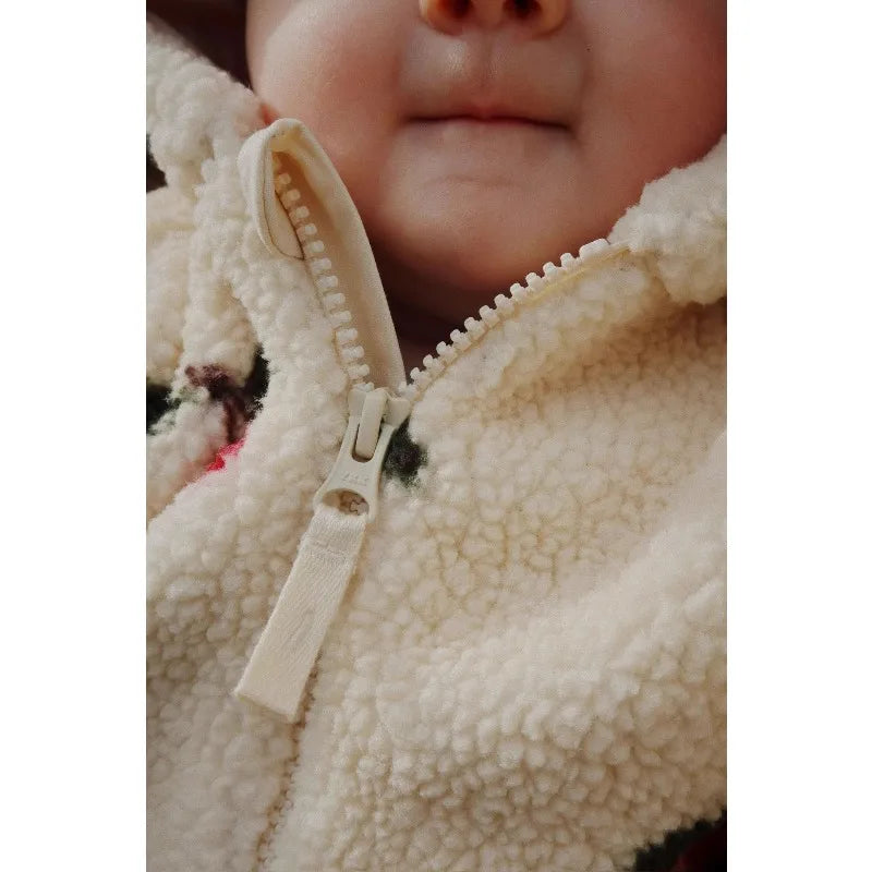 2025 Winter Long Sleeve Baby Fleece Hooded Jumpsuit Cherry Print Infant Warm Romper Crawling Outfit Newborn Clothes